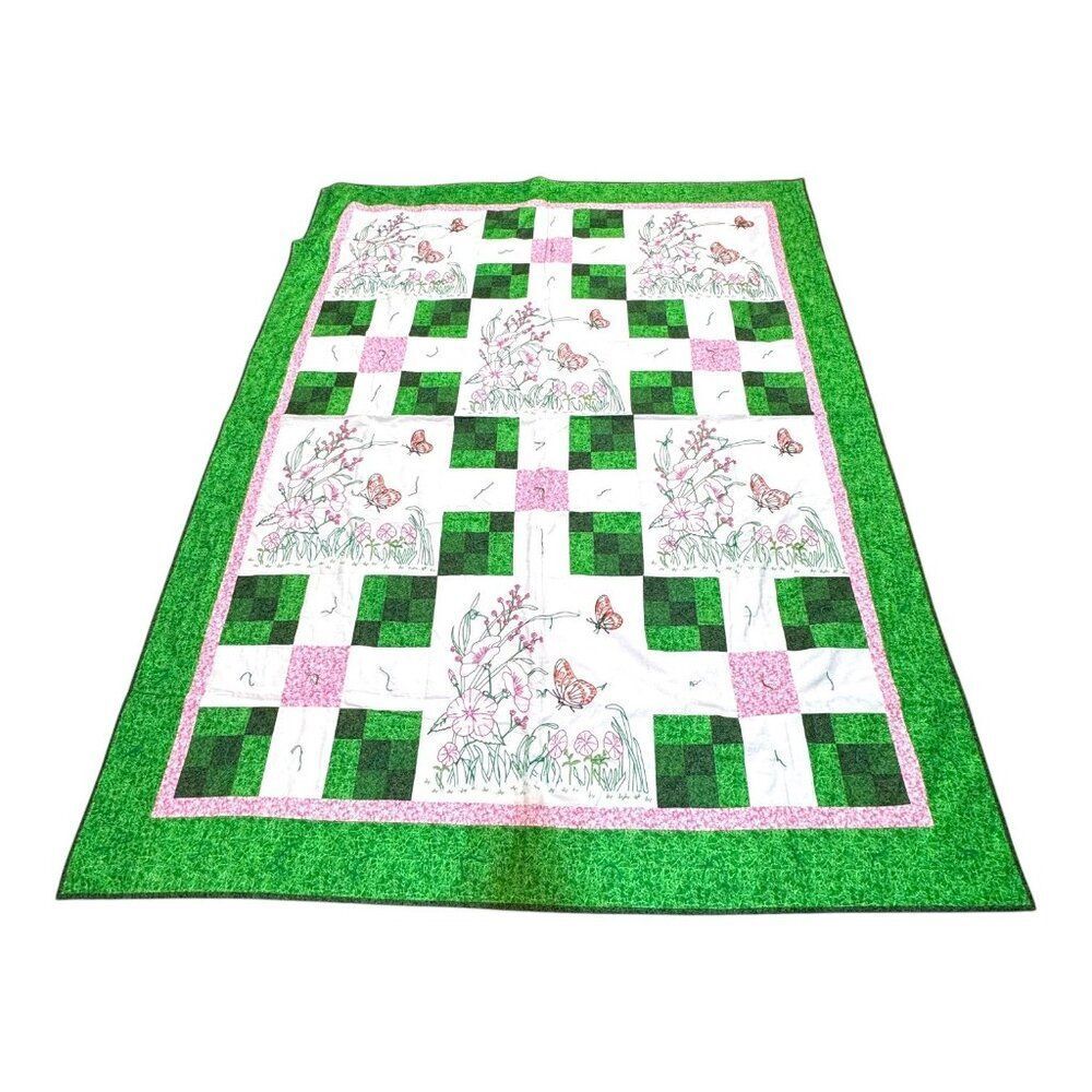 Handmade Floral Spring Quilt Butterfly Patterned Blocks & Green Border 62"x79.5"